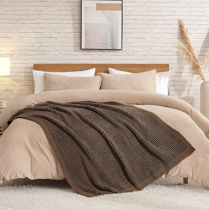 Snuggle Sac Ultra Soft Throw Blanket for Couch, Fuzzy Microfiber Knit Stripe Blankets for Couch, Sofa, Travel, Black Brown, 50x60 inches