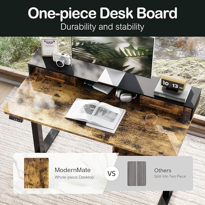 Standing Desk with 4 Drawers, 47.2 x 23.6 Inch Whole Piece Height Adjustable Electric Sit Stand Desk, Computer Home Office Workstation with Open Storage Shelf, Rustic Brown