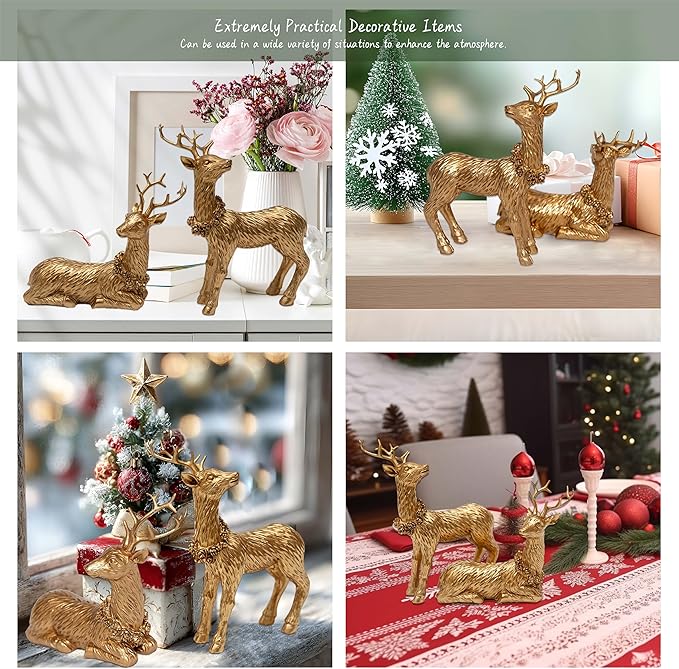 2pcs Pine Nut Reindeer Christmas Decorations, Deer Figurines Home Decor, Elk Figurine, Holiday Home Décor Accents for Xmas Office Living Room & Bedroom Decorations (Pine Nut Medium, Gold)