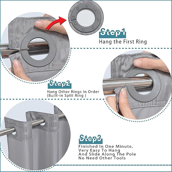 Conbo Mio Extra Wide No Hook Shower Curtain with Snap in Liner Set, 108" x 74" Hotel Luxury Grey Shower Curtains for Bathroom with See Through Top Window, Waterproof, Washable 108W x 74H