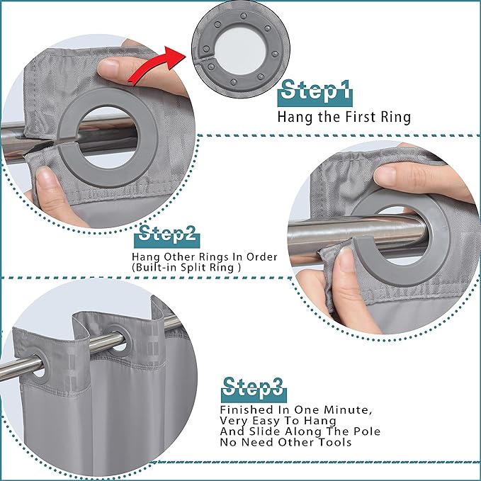 Conbo Mio No Hook Shower Curtain with Snap in Liner Set, Hotel Luxury Grey Shower Curtains for Bathroom with See Through Top Window, Waterproof, Washable 71W x 74H