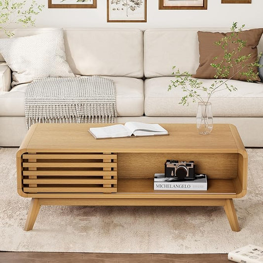 Coffee Table with Storage, Mid Century Modern Wooden Living Room Center Table, Furniture Farmhouse Wooden Coffee Table for Living Room, Oak