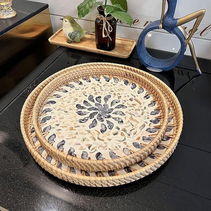 Rattan Serving Tray with Mother of Pearl, Round Coffee Table Tray Decor, Round Wicker Tray, Boho Decorative Tray, Woven Tray (Lucky Flower, 11.8 & 13.8 inch)