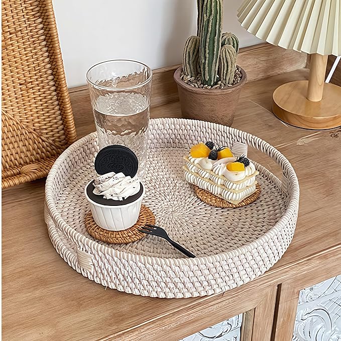 14.2" Round Rattan Tray, Hand Woven Serving Tray with Handles, Wicker Serving Basket, Decorative Tray for Home Decor, Whitewash