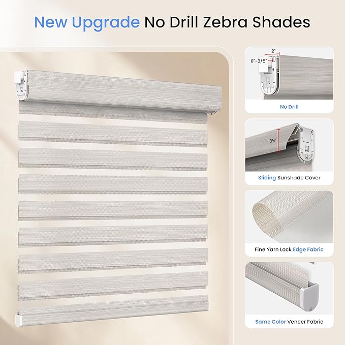 Grandekor No Drill Zebra Blinds for Windows,Cordless Zebra Shades Dual Layer, Pull Down Roller Shades Free-Stop,Custom Sizes,Silky Khaki,Easy to Install for Home, Office, Bedroom
