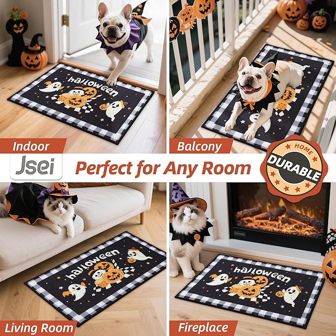 JSEI Halloween Holiday Doormat, 17''x30'' Non-Slip Ghost and Pumpkins Decorative Welcome Mats for Floor, Low-Profile Entryway Rugs Washable, Ghost and Pumpkins Pattern Black