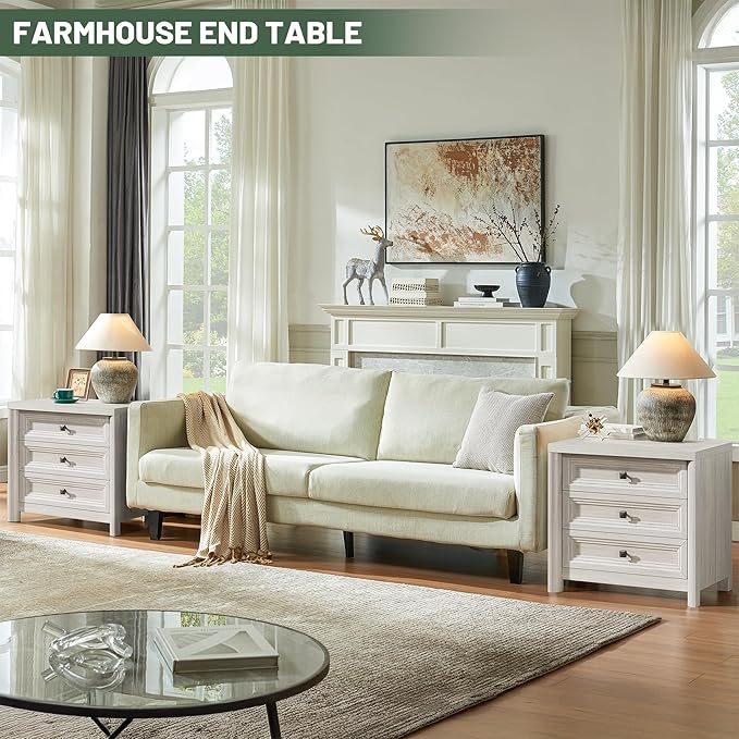 White Nightstand with 3 Drawers, Wood Night Stand with Metal Knobs, Farmhouse Bed Side Table for Bedroom, Modern End Table for Living Room Home Office Storage 1PC