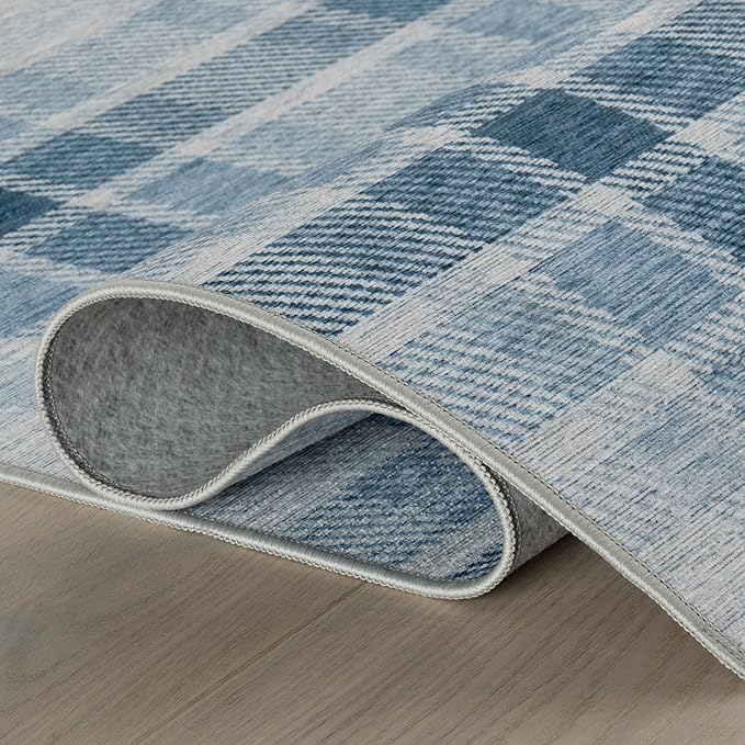 Dash & Albert Andri Plaid Blue Machine Washable Rug, 5 X 8 Feet, Blue/White Plaid Pattern
