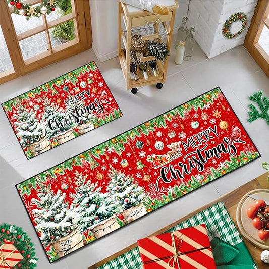 ACZHHZC Merry Christmas Kitchen Rugs and Mats Set of 2, Winter Snowflake Xmas Tree Holiday Home Kitchen Decor Floor Mats, Washable Non-Slip Sink Carpet (Christmas 1, 17"x47"+17"x30")