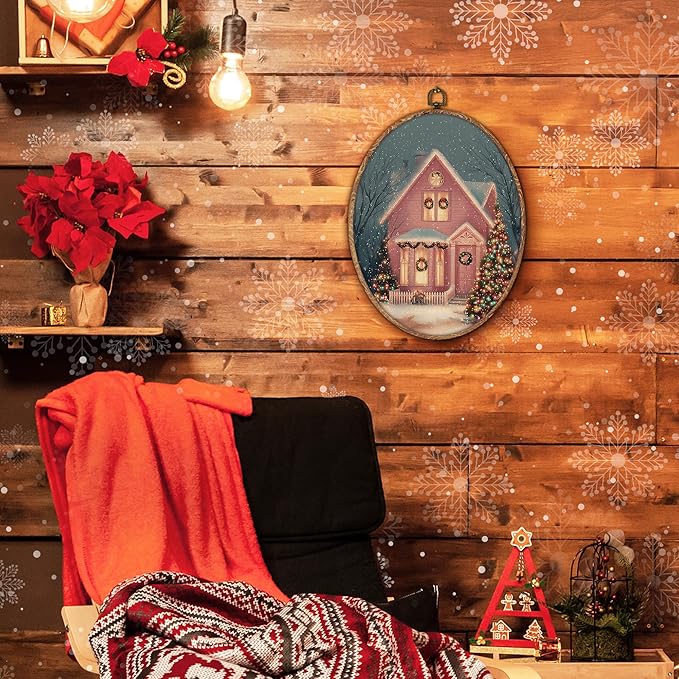 Hxlac Pink Christmas Cottage Oval Wall Art Framed, Christmas Snowy Winter Oval Wall Decor, Cozy Winter Holiday Hanging Canvas Prints Wall Sculptures for Farmhouse Home Bedroom Decor, 8.5x11.5 Inch