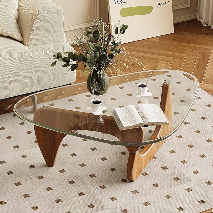 Coffee Table for Living Room Mid Century Modern Center Table with Glass Top and Oak Wood, Transparent/Walnut