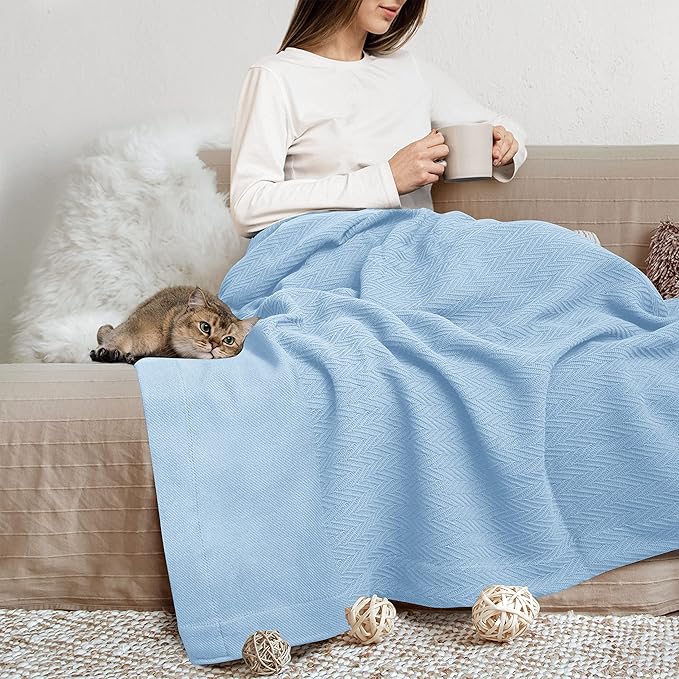 THREAD SPREAD Organic GOTS Cotton Blanket, King/Cal King - 350GSM, Oversized Antistatic, Couch, Bed, Camping & Travel, Luxurious Herringbone All-Season Throw, Light Blue + Stylish Bonus Tote Bag