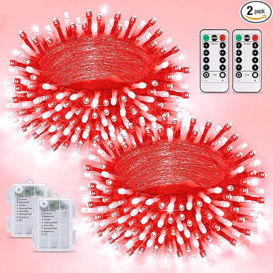 JMEXSUSS 2 Pack Red and White Battery String Lights, Each 33ft 100 LED Battery Powered Christmas Lights with Remote for Outside Party Birthday