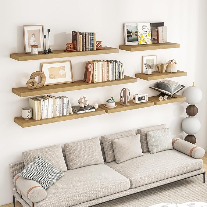 RICHFOCUS 48Inch Floating Shelves for Wall 2 Pack Shelves for Bedroom|Kitchen|Bathroom Wall Mounted Rustic Wood Floating Shelf with Invisible Brackets for Books|Storage|Decor, Oak