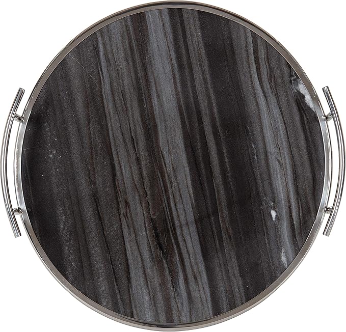 Kate and Laurel Marbury Modern Round Tray, 15 x 14 x 3, Gray Marble and Silver, Contemporary Marble Tray for Storage and Display