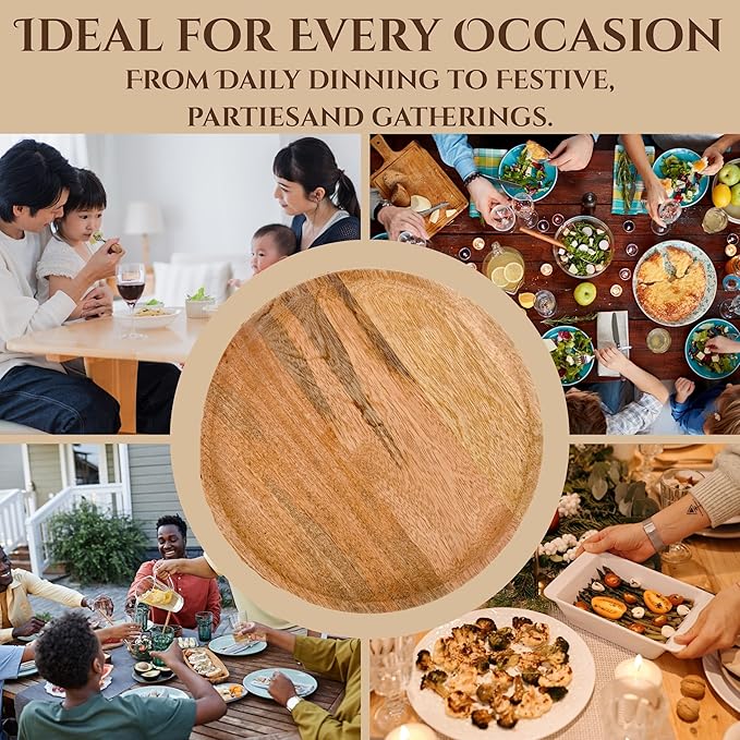 Alpha Living Home 13” Wooden Charger Plates - Set of 2, Handcrafted Round Rustic Dinnerware for Table Décor, Weddings, Thanksgiving, Parties, and Everyday Dining (Natural)