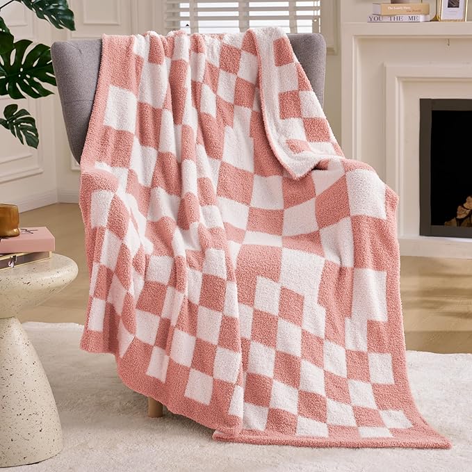 Joiedomi Throw Blanket for Couch, Pink White Checkered Knitted Blankets Gifts for Women Mom Girls, Cozy Cute Soft Throw Home Room Decor Aesthetic Women Mothers Birthday Gifts 50x70 Inches