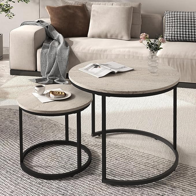 Nesting Tables Set of 2, Wood Grain Grey Round Coffee Table, Small Nesting Coffee Table with Adjustable Non-Slip Fee, Wood Grain Top Nesting Tables for Living Room, Bedroom