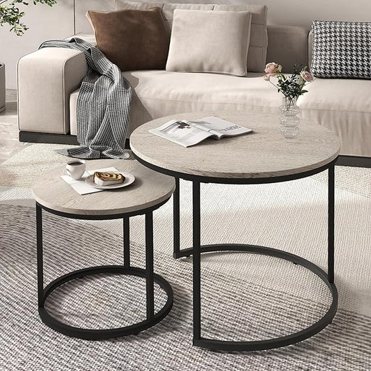 Nesting Tables Set of 2, Wood Grain Grey Round Coffee Table, Small Nesting Coffee Table with Adjustable Non-Slip Fee, Wood Grain Top Nesting Tables for Living Room, Bedroom