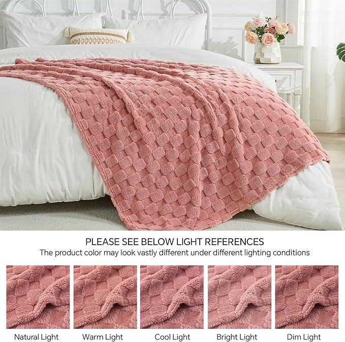 BEDELITE Super Soft Throw Blanket for Couch and Bed, Lightweight Cozy Fluffy Decorative 3D Checkered Blanket, Warm and Fuzzy Fleece Blanket for Camping, Travel(Dusty Pink, 50"x60")
