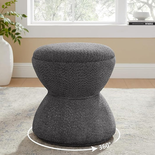 Multi-Functional Boucle Ottoman, Vanity Stool Chair, Sturdy Rotating Wooden Footstool, Suitable for Living Room, Bedroom, and Entryway, Without Installation, Swivel, Dark Grey