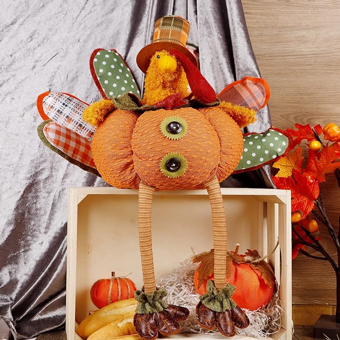 winemana Thanksgiving Decoration 31.5" x 18.5" Plush Turkey with Stretchable Head, Handmade Stuffed Sitting Turkeys Fall Decorations for Indoor Home Tabletop Party Autumn Decor (Cock)