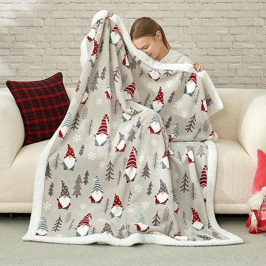 Cozy Bliss Gnome Throw Blanket Christmas Sherpa Blanket Warm Reversible Plush Throw Blanket,Ultra Soft Cozy Blanket for Couch,Sofa and Bed(Xmas Gnome,50"x60")