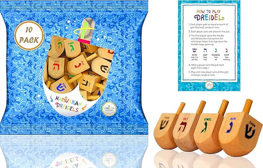 Natural Wood Dreidels Hanukkah Draydel with English Transliteration & Instruction Cards (10-Pack)
