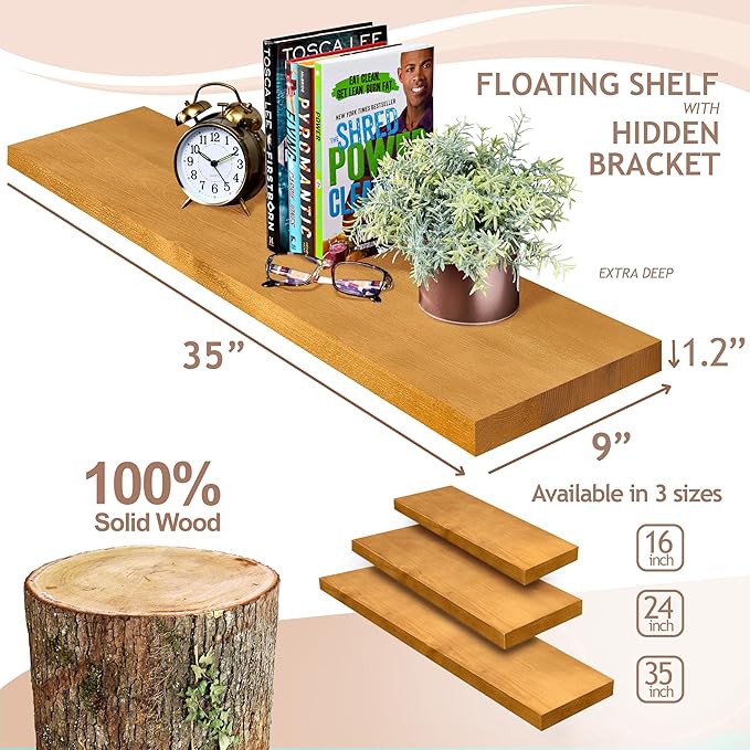 Sorbus 35' Maple Wood Floating Shelves - Set of 2, Solid Pine, Wall Mounted, Rustic Style, Bathroom & Bedroom