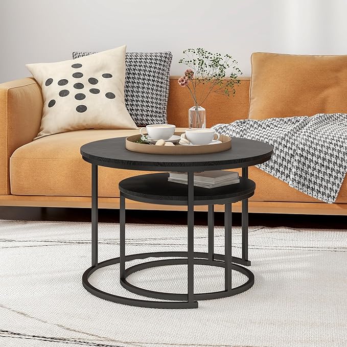 HOJINLINERO Round Coffee Table Set of 2 End Tables for Living Room,Black Coffee Table Nesting Tables,Living Room Table Wooden Accent Furniture Metal Frame,Sturdy Stacking Side Tables,Easy Assembly