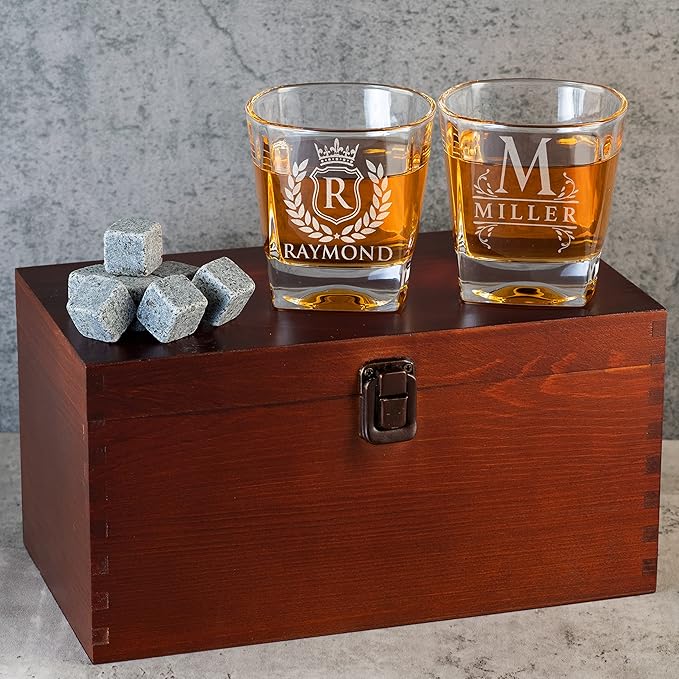 Amazing Items Set of 2 - Personalized Whiskey Glasses w/Name & Initial - 9 Designs - 9 oz, Limited Edition Monogrammed Rocks Glasses for Dad Gifts