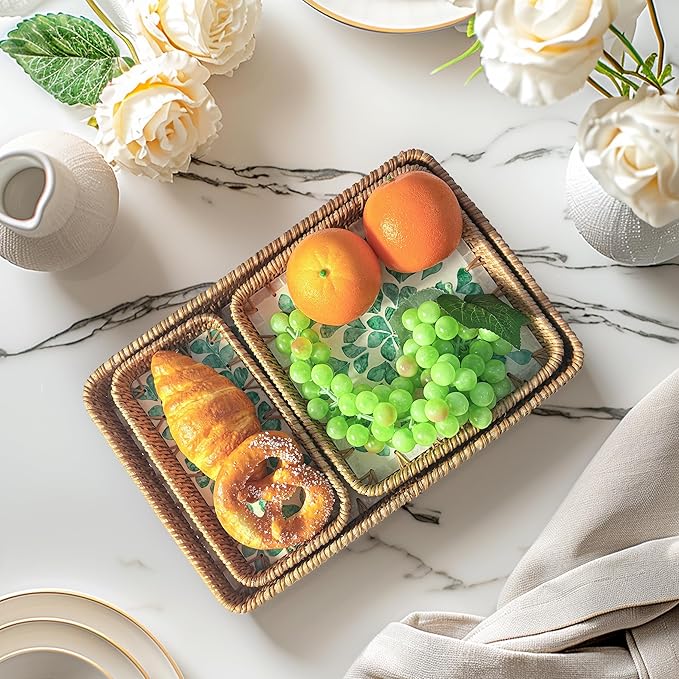 Set of 3 Rectangle Rattan Serving Trays with Mother of Pearl Inlay – Hand-Woven Wicker Trays for Coffee Table, Bathroom, Kitchen Counter or Entryway, Boho Coastal Decor, Coastal Design