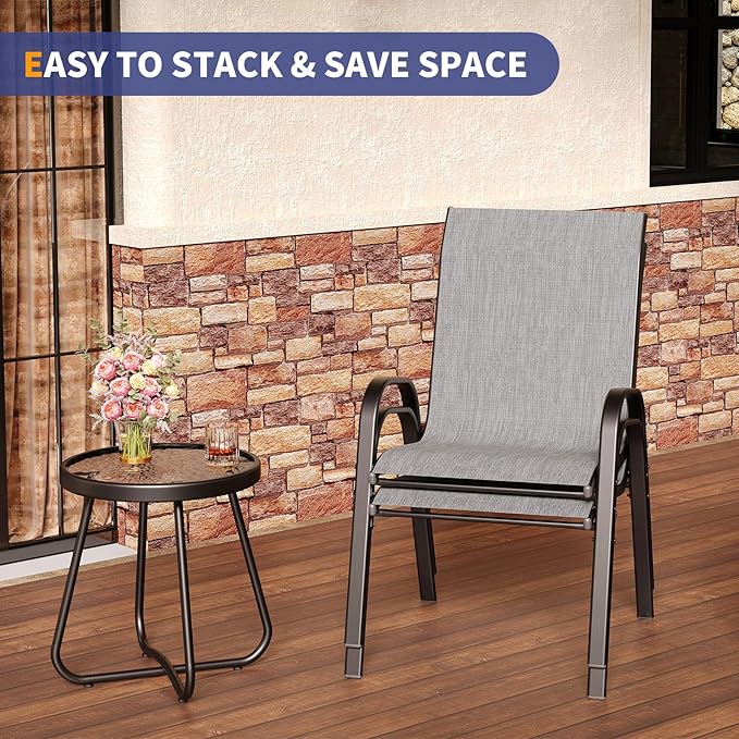 Amopatio 3 Piece Patio Set, Outdoor Stackable Dinging Chairs for All Weather, Breathable Garden Outdoor Furniture for Backyard Deck, Light Grey