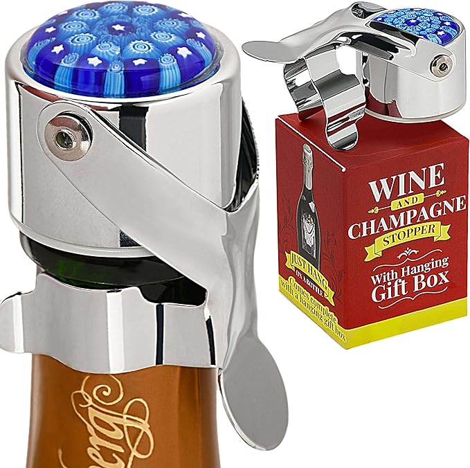 Wine Stopper & Champagne Stopper All In One - Patented Seal, Preserves Bubbles & Taste for Prosecco, Cava, and Wine – 1 Pro Grade Evan James Bottle Stopper With Hanging Gift Box