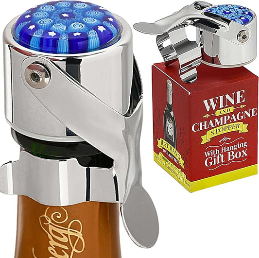 Wine Stopper & Champagne Stopper All In One - Patented Seal, Preserves Bubbles & Taste for Prosecco, Cava, and Wine – 1 Pro Grade Evan James Bottle Stopper With Hanging Gift Box