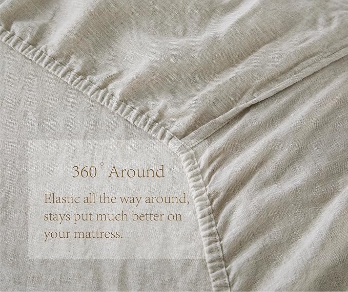 100% Linen Fitted Sheet King(1 Piece), 15 Inch Deep Pocket Mattress Cover French Flax Stone Washed Farmhouse Soft Breathable Bottom Sheets(Natural Linen, King)