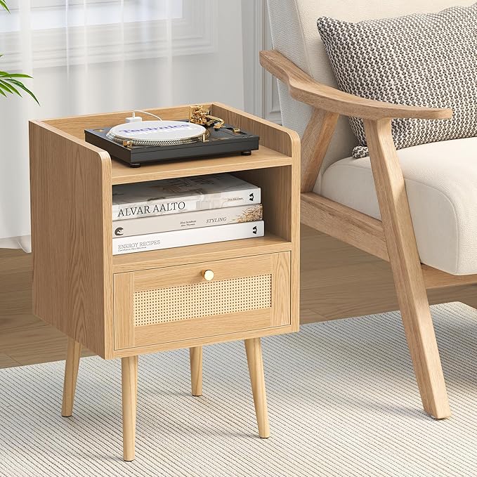 Nightstand Rattan with Charging Station, Mid Century Modern Bed Side Table, Boho End Table with Wood Legs, Bedside Tables for Bedroom Living Room (1, Natural, 11.8" D x 15.9" W x 23.4" H (1 Drawers))