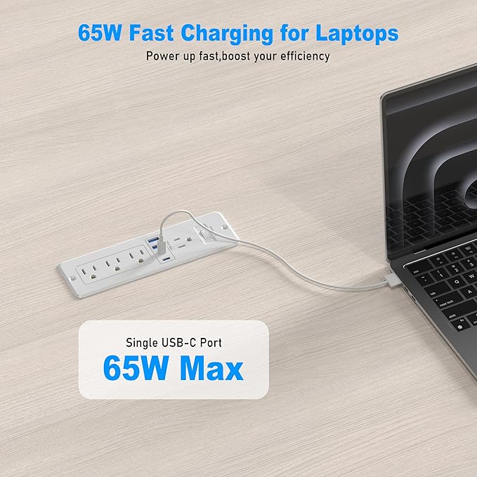 65W USB C Recessed Power Strip, Flush Mount Desktop Recessed Outlet with 4AC & 2 PD GaN USB C & 2 USB-A Ports, Furniture Hidden Drawer Fast Charging Station for Home Office