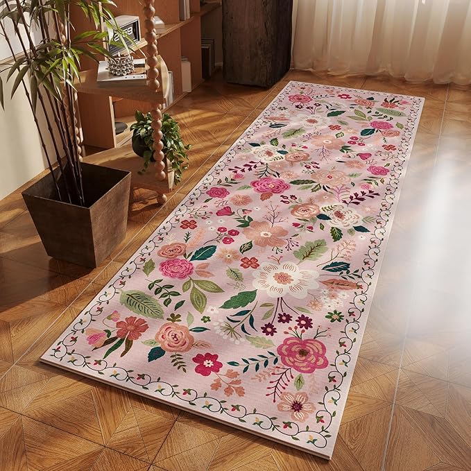 Rugcomf Runner Rug for Hallways Kitchen Rug Non Slip 2'x 6' Washable Rugs with Rubber Backing Soft Floral Carpet Runner for Hallways, Kitchen, Laundry, Bedroom, Bathroom(Pink)