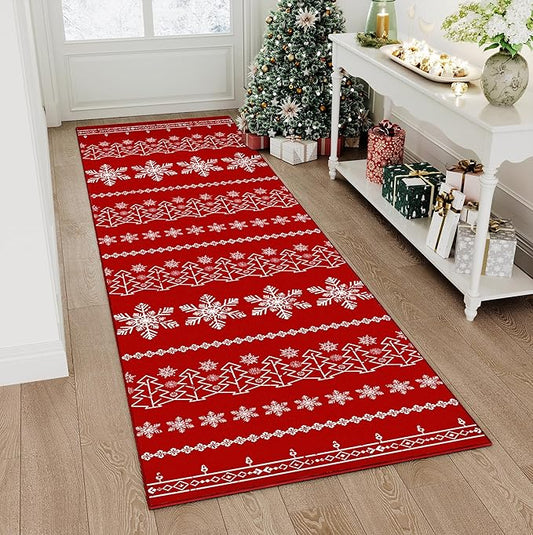 Christmas Runner Rug 2x6 Red Washable Carpet Xmas Snowflake Holiday Decor Kitchen Non Slip Soft Low Pile Long Carpet Indoor Throw Rug Laundry Room Living Room Bedroom Dining Room