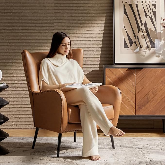 HULALA Home Faux Leather Accent Chair Set of 2 w/Removable Cushion, Comfy Upholstered Armchair with Metal Legs & Nailhead Trim Wingback Vanity Chair Desk Chair for Reading Living Room Bedroom, Camel