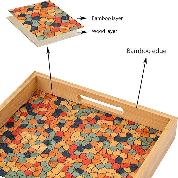 PEMAR 12.2" Square Bamboo Art Decor Tray with Handle, Food Drink Serving Tray for Breakfast Lap Bed Eating. Pattern Printed on Bamboo. Decorative Catchall Coffee Table Entryway Nightstand (Mosaic)