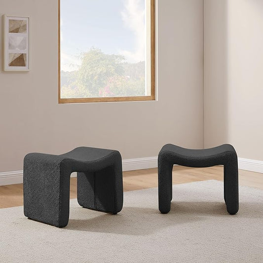 Modern Boucle Ottoman, Vanity Stool Chair, Foot Stool with Wooden Legs Sofa Bench Footstool Extra Seat for Vanity, Makeup Room, Living Room, Entryway, Set 2, Grey