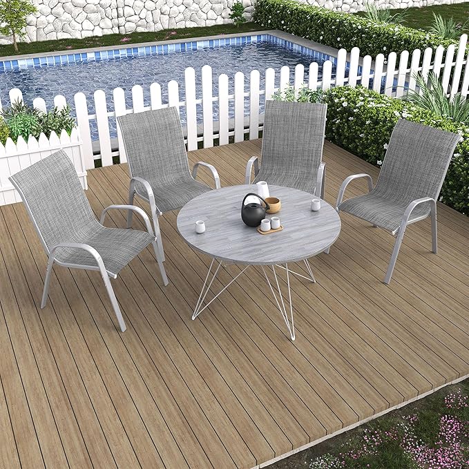 Amopatio Patio Chairs Set of 4, Outdoor Stackable Dining Chairs for All Weather, Comfortable Breathable Garden Outdoor Furniture for Backyard Deck, Grey & White