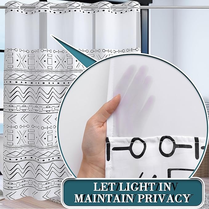 Conbo Mio No Hook Boho Shower Curtain with Snap in Liner Set, Hotel Luxury White Shower Curtains for Bathroom with See Through Top Window, Waterproof, Washable 71W x 74H