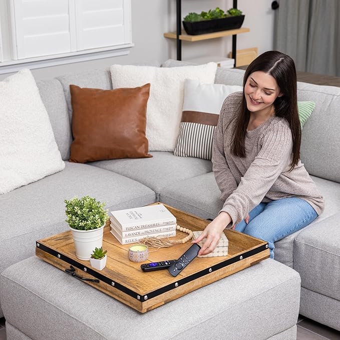 24"x24" Extra Large Square Ottoman Tray, Heavy Duty Mango Wood, for Serving Tea, Breakfast in Bed, Living Room Large Coffee Table Tray Rustic with Farmhouse Style, Decorative Handles and Accent Strap