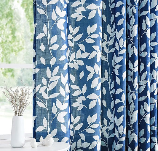 Navy and White Curtains for Bedroom 54" Length Leaf Print Curtains for Windows Semi-Sheers, Royal Blue Grommet Top, 2 Pack