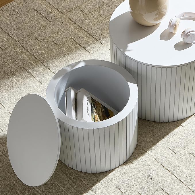Round Storage Side Table Set of 2, Nesting Coffee Tables with Hidden Storage, Modern Wood Accent End Table for Living Room, Bedroom, Small Space, Minimalist Bedside Table, No Assembly(White)