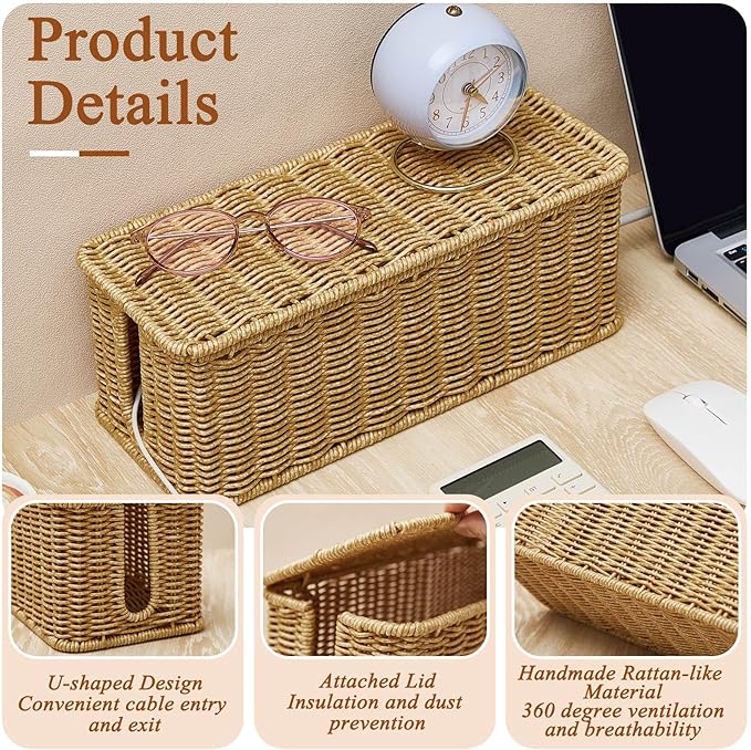 Marsui 3 Pcs Cable Management Box Synthetic Rattan Cord Organizer Cable Hider Storage Wire Box with 2 Open Slots for Home Office Desk Computer TV Wires USB Hub (Small,Medium,Large)