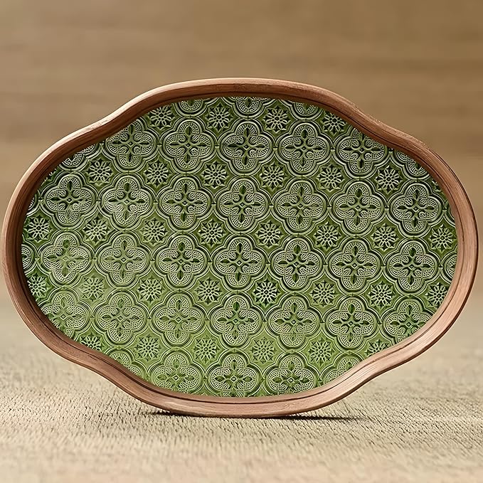 IwaiLoft Glass Serving Tray with The Crabapple Pattern Glass and Walnut for Kitchen Countertop Home Decor for Coffee Table, Also Suitable for Tea Coffee Decorative Trays (Green,14.5" x 10" x 1")